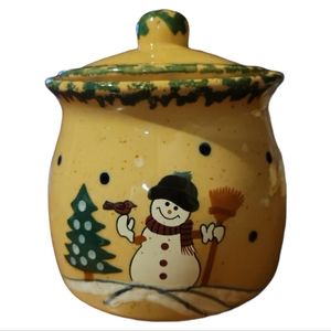 Vtg Country Snowman Stoneware Canister Cookie Jar